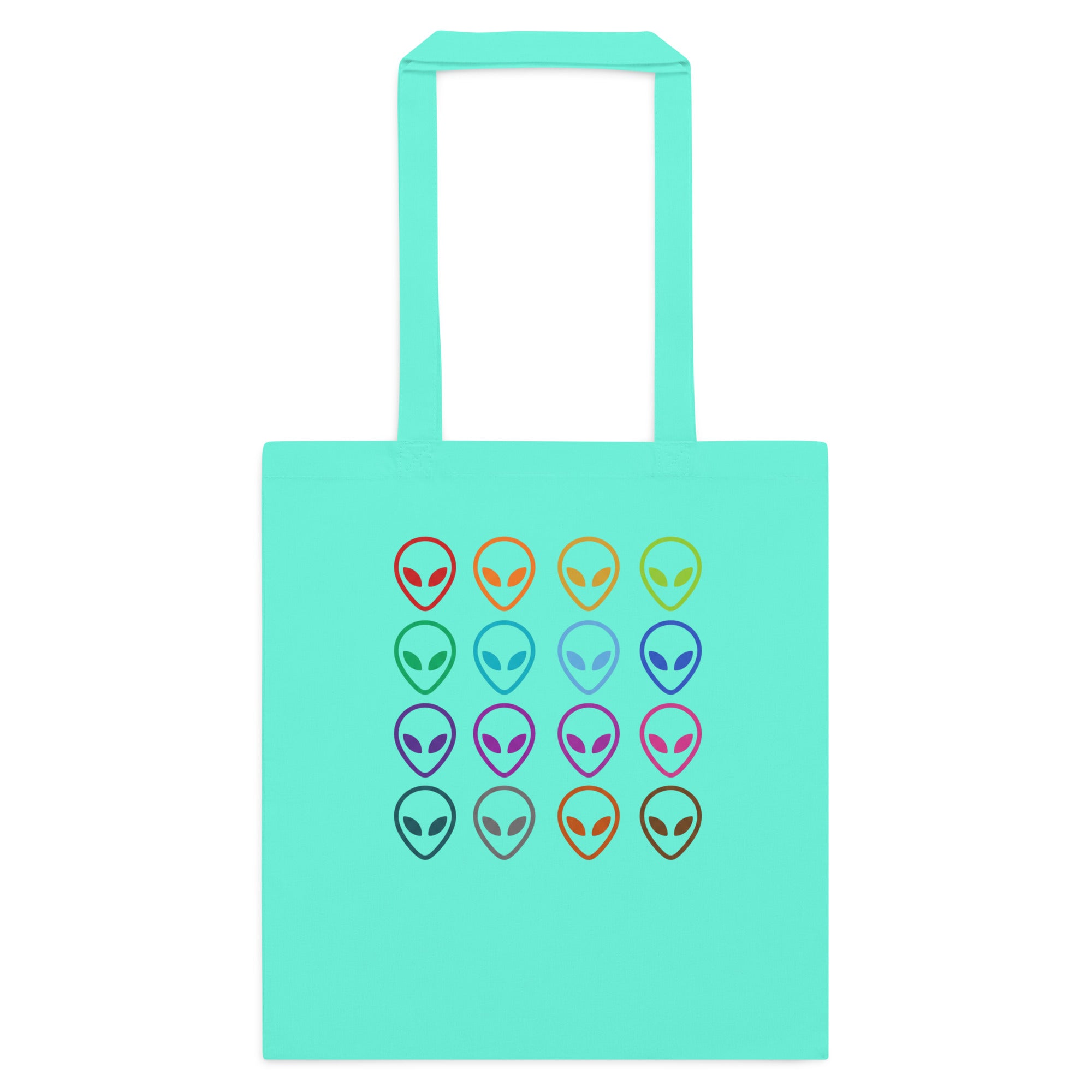 Mint cotton tote bag with multi-color alien face logo on front.