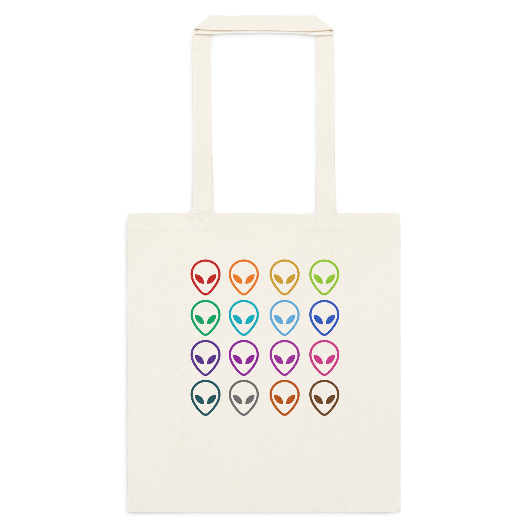 Natural cotton tote bag with multi-color alien face logo on front.