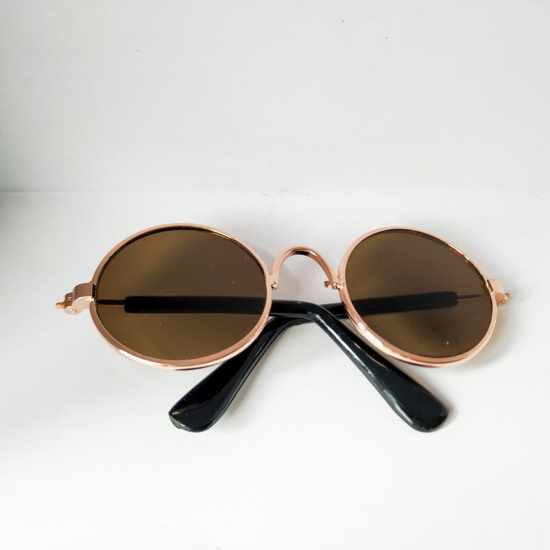 Round pet sunglasses with gold frame, dark brown lenses, and black side arms