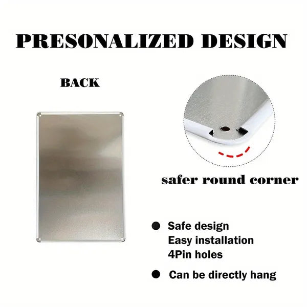Metal tin sign back view with safer rounded corners and corner mounting holes