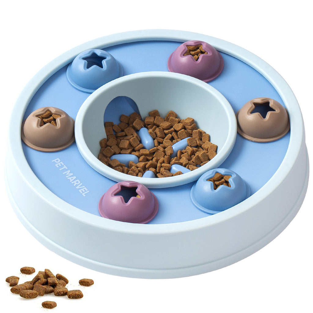 Blue interactive dog puzzle slow-feeder bowl with star-shaped cups and center dish