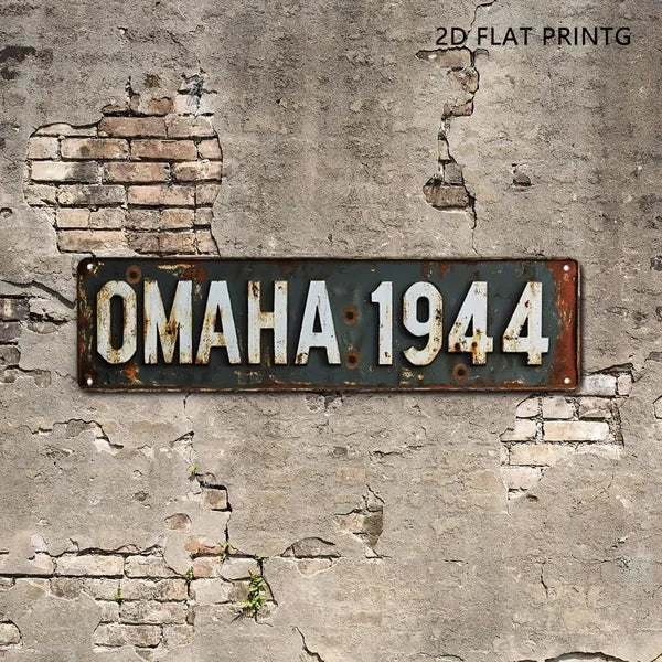 Vintage military metal sign with rivets, reading OMAHA 1944