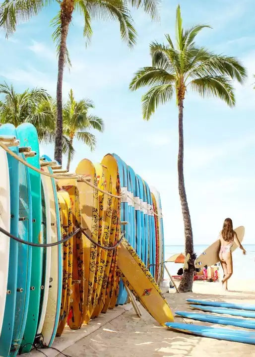 Colorful surfboard row canvas print with palm trees and a person walking on the beach