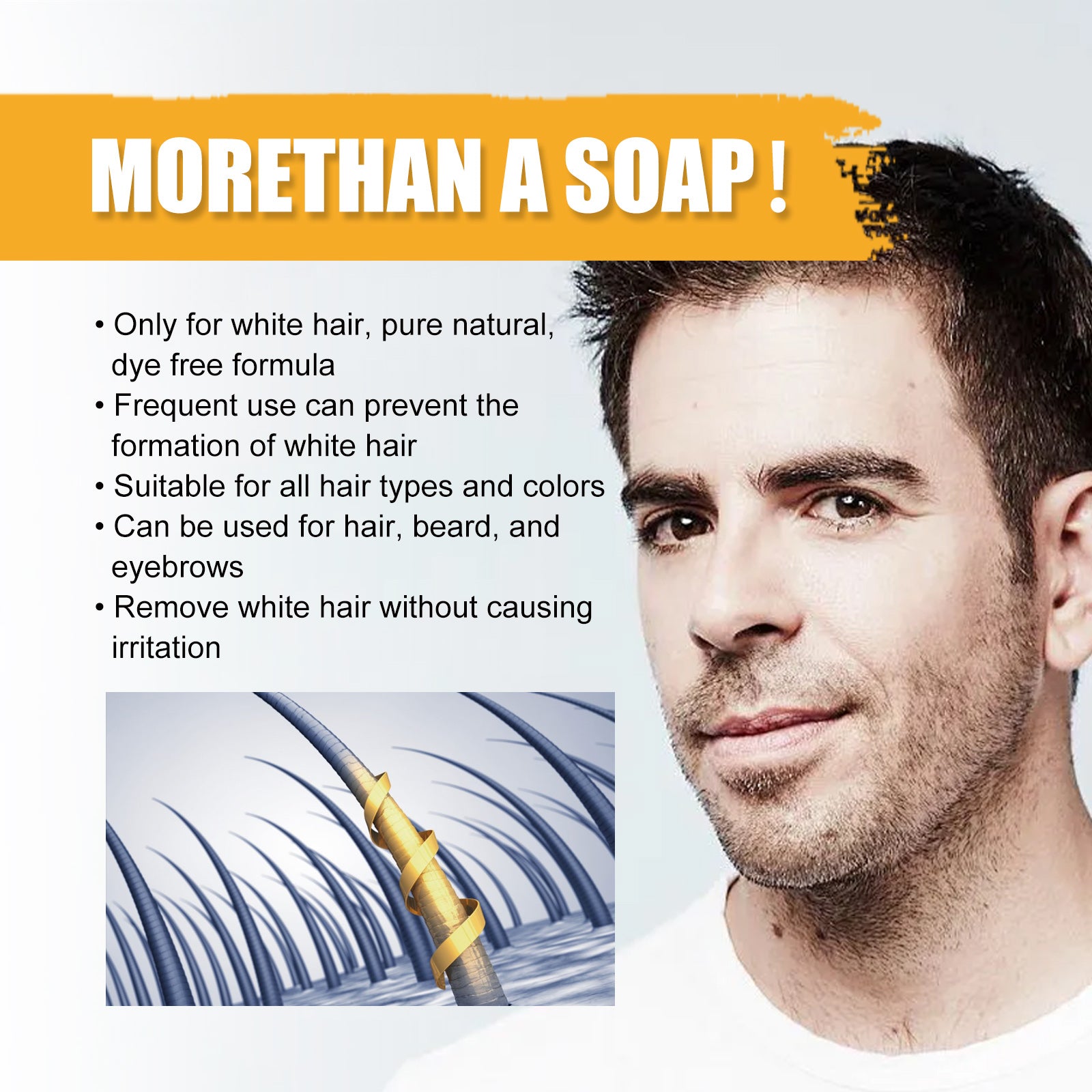 Shampoo bar, shown with man, plus claim graphic about white-hair prevention