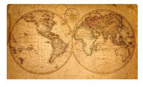 World map canvas poster, vintage sepia globe view with continent outlines