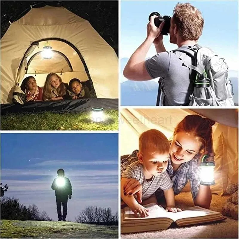 Portable solar camping lantern glowing on the ground for outdoor use