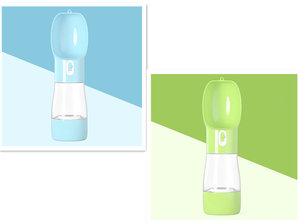 Blue and green 2-in-1 pet water and food dispenser bottles with handles