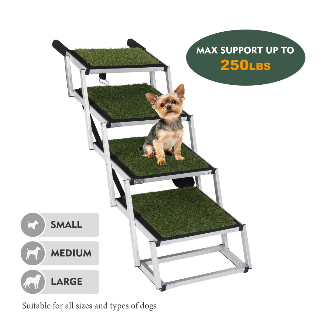 Foldable dog ramp with green carpeted non-slip steps and silver frame