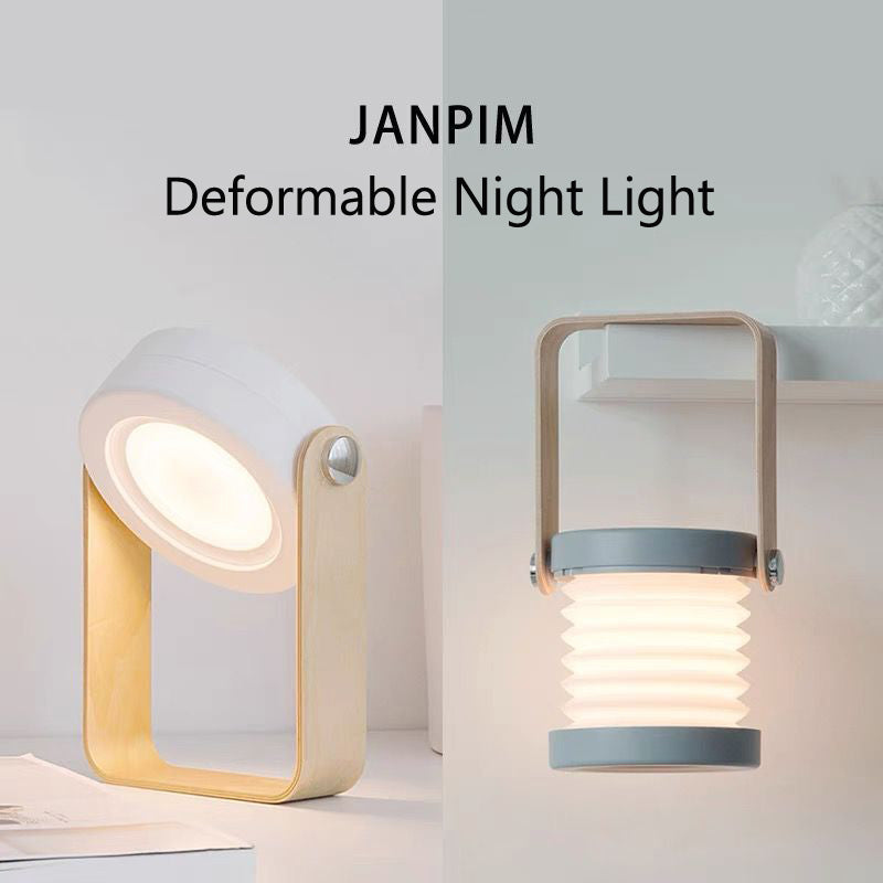 Foldable LED night lantern with warm glow, wood handle frame, and white ridged body