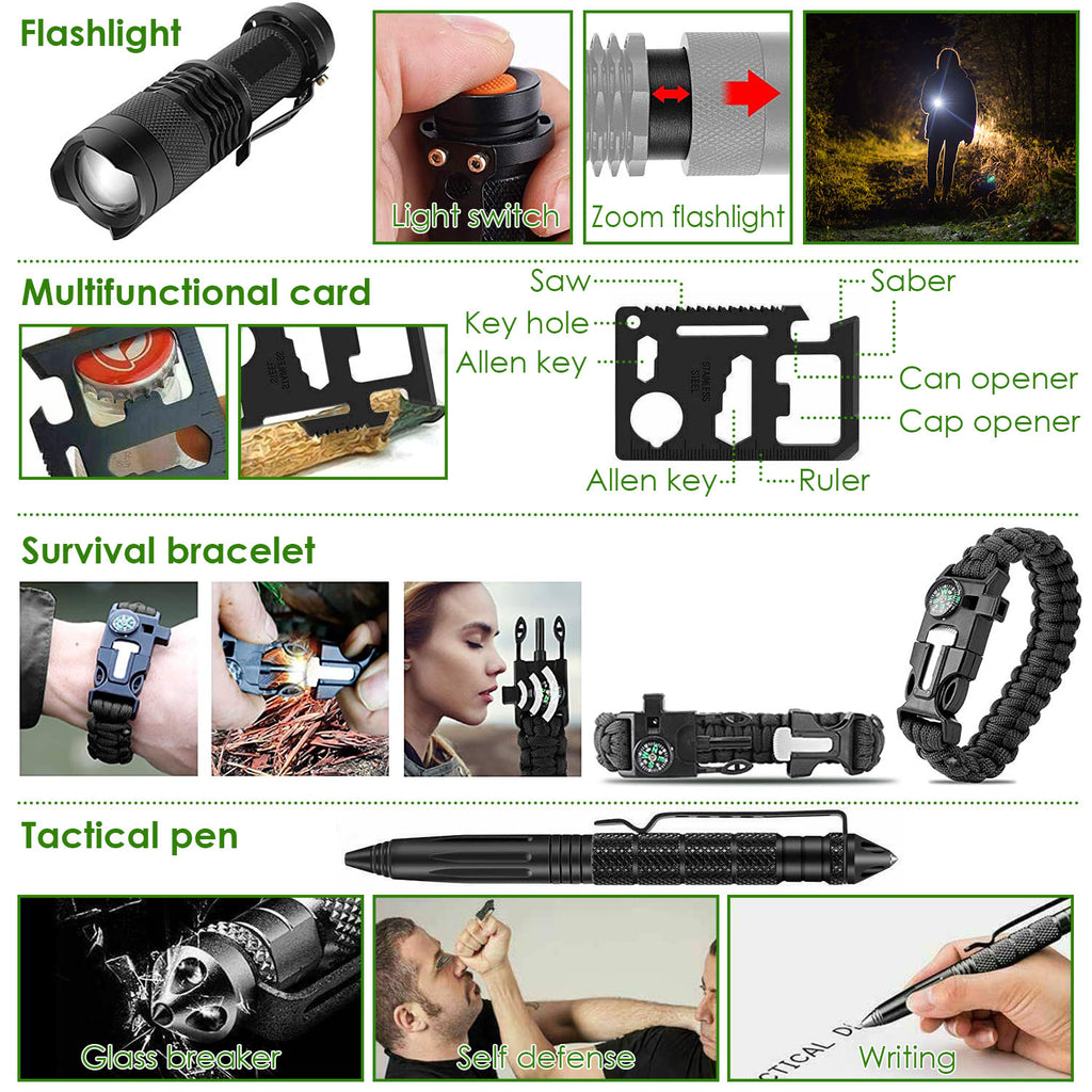 Survival accessories set with flashlight, multitool card, survival bracelet, and tactical pen