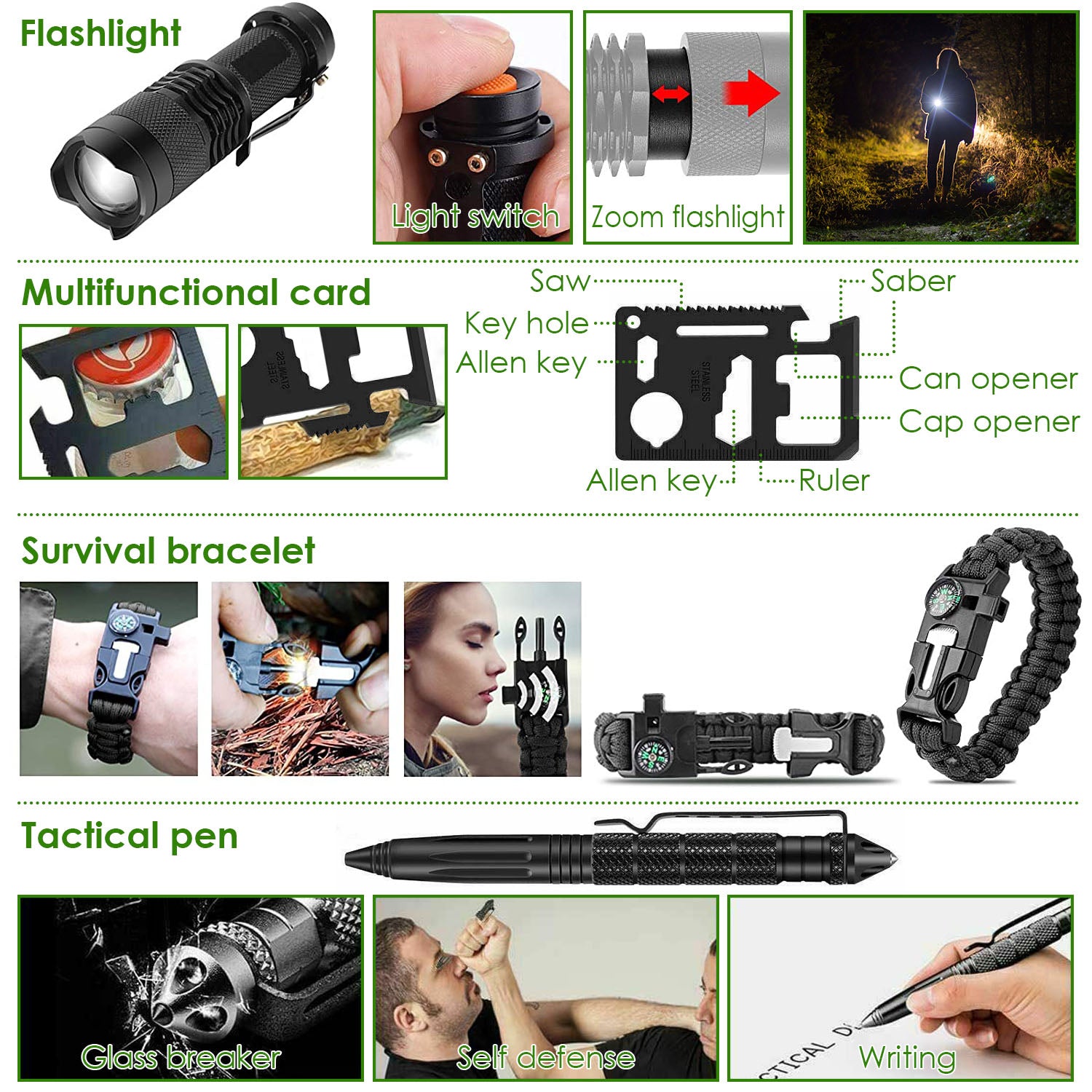 Survival accessories set with flashlight, multitool card, survival bracelet, and tactical pen