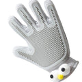 Gray pet grooming glove showing long comb teeth on striped silicone bristles