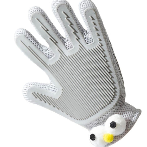Gray pet grooming glove showing long comb teeth on striped silicone bristles