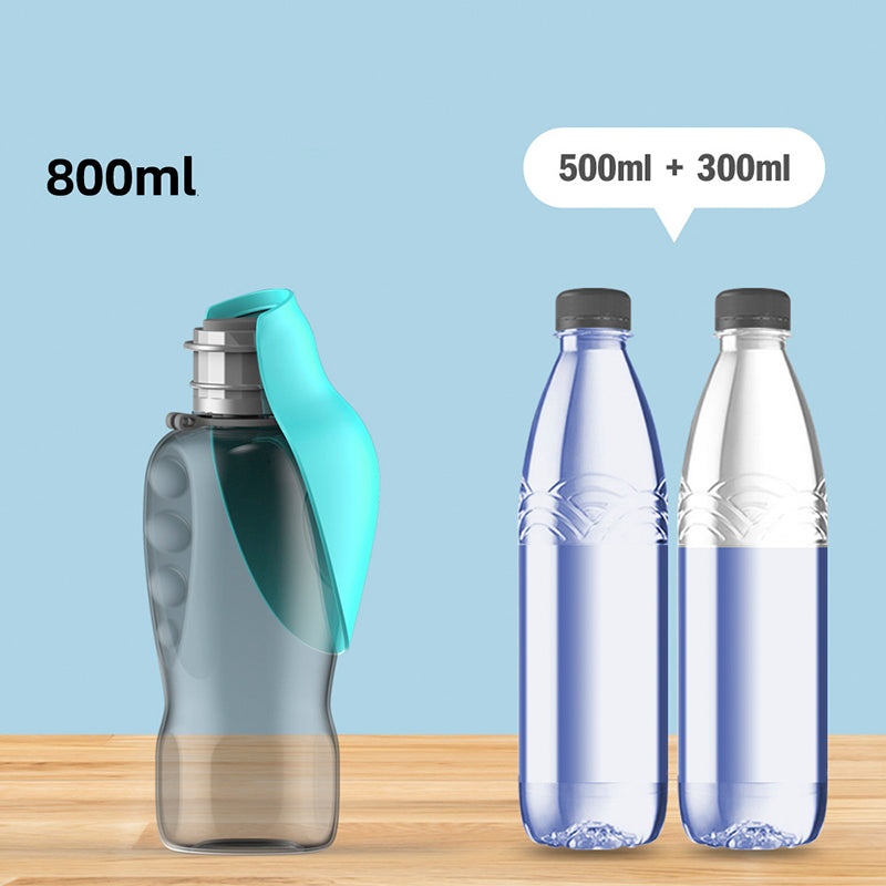Foldable dog water bottle with teal fold-out bowl next to two blue water bottles