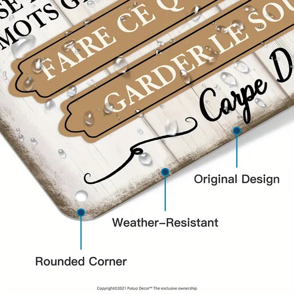 Metal quote sign corner close-up with weather-resistant coating, rivet holes, rounded edges