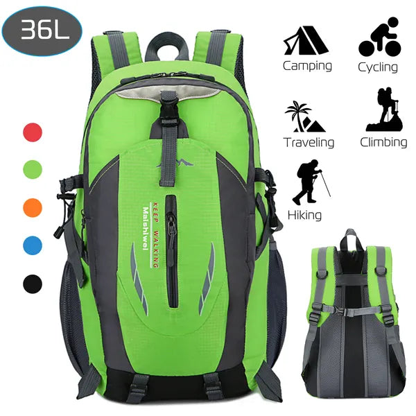 Green and black hiking daypack with front zip pocket, padded back panel, straps