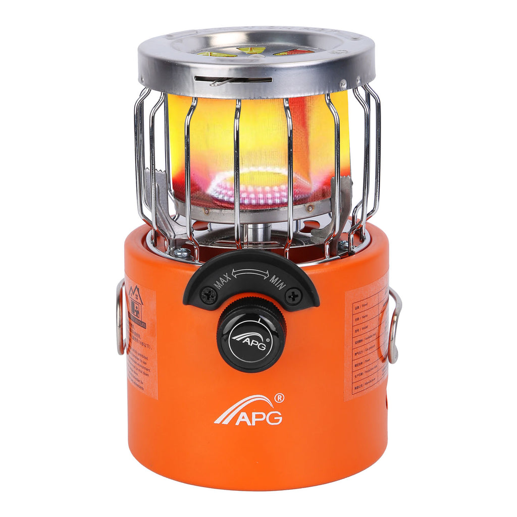 Orange outdoor gas stove heater with protective metal cage and control knob