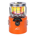Orange outdoor gas stove heater with protective metal cage and control knob