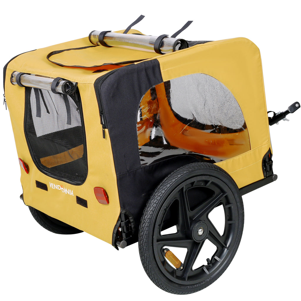 Yellow pet bike trailer with large side mesh window and black wheel