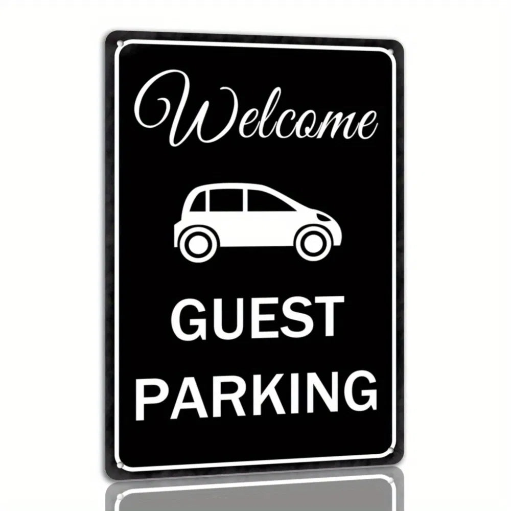 Metal tin sign with 'Welcome' and 'Guest Parking' lettering and car icon, black border