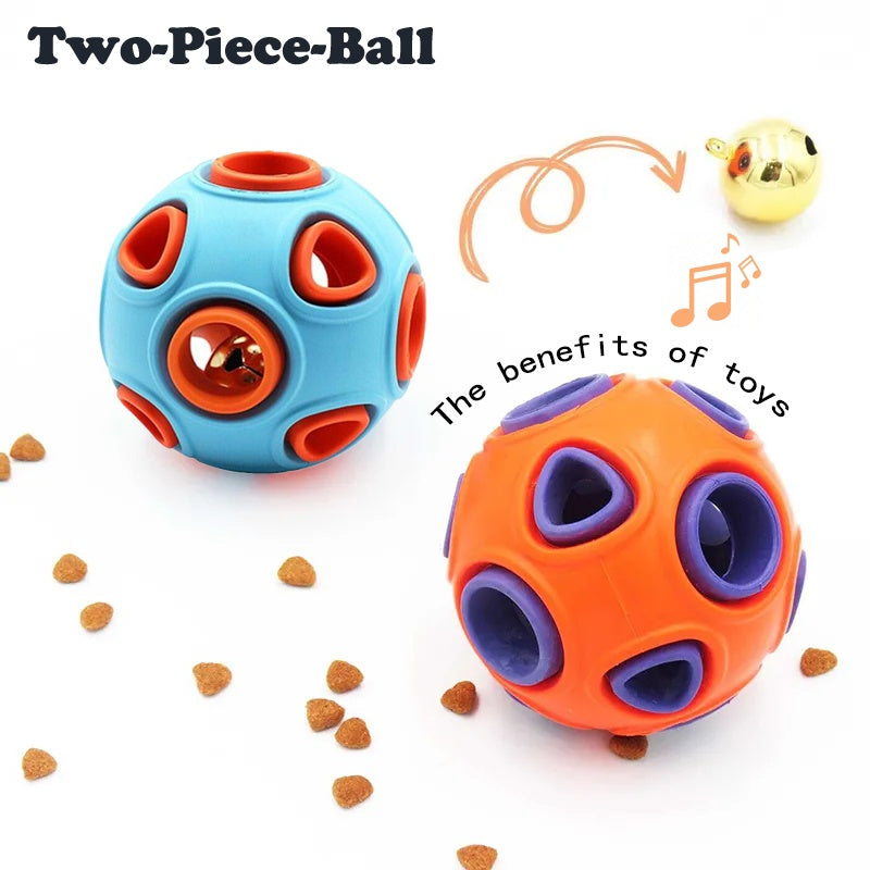 Two rubber bell toy balls, blue and orange, with molded paw-shaped openings