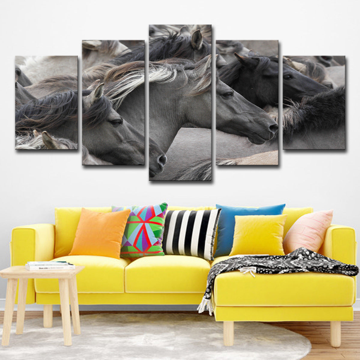 5-piece canvas wall art with grayscale horse faces across five stacked panels