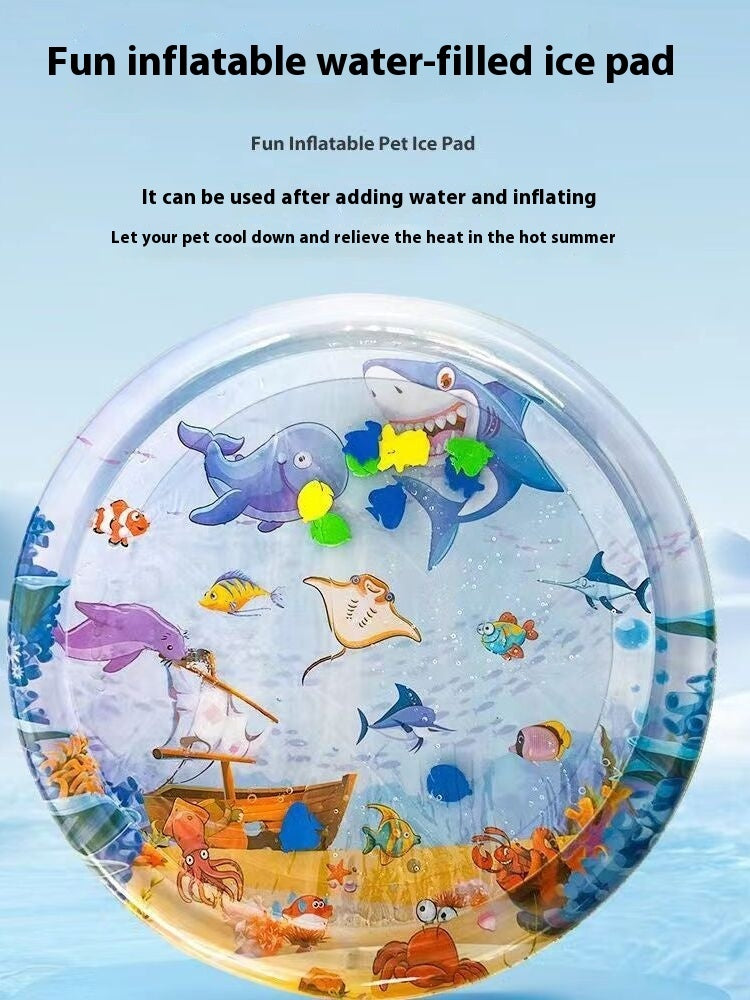 Inflatable pet water cooling bed with clear center and blue shark-themed ocean animal graphic