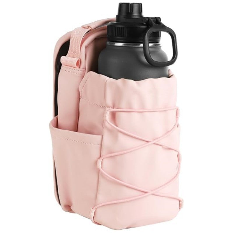Pink crossbody water bottle bag with bottle sleeve and front storage pockets