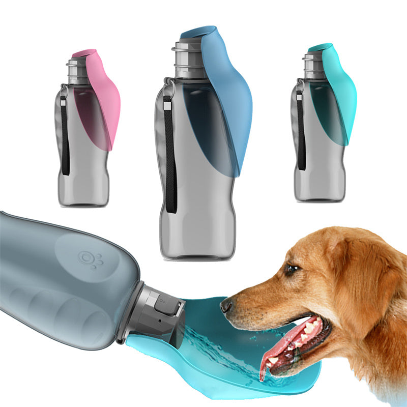 Foldable dog water bottle with bowl, grey body and teal spout with open drinking bowl