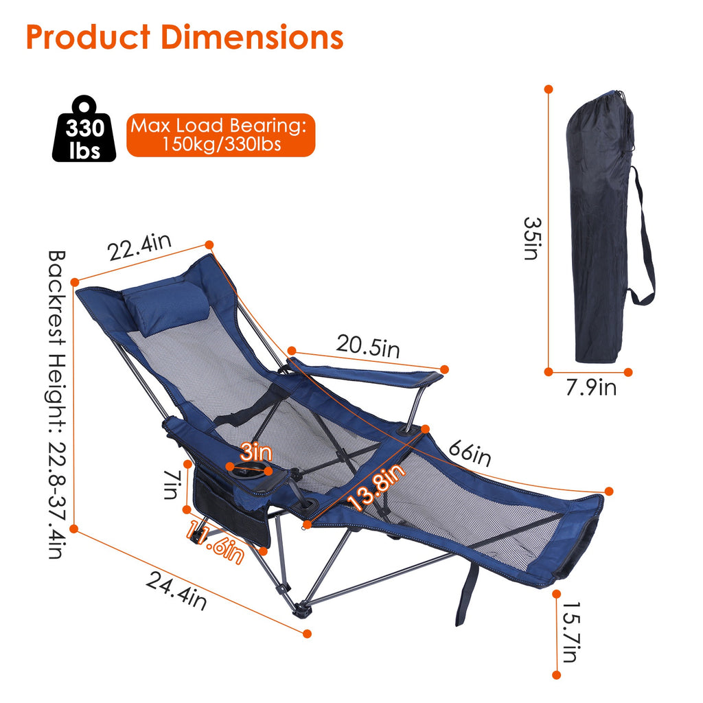 Folding recliner chair with adjustable footrest and blue fabric, plus matching carry bag