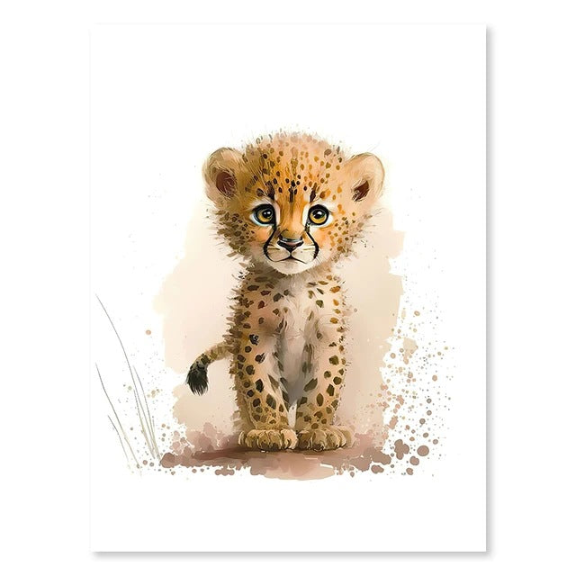 Cheetah cub wall art print, orange-brown spotted baby animal standing.