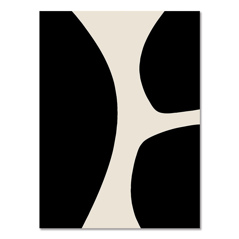 Abstract modern poster with large black curved blocks and pale negative space shapes.