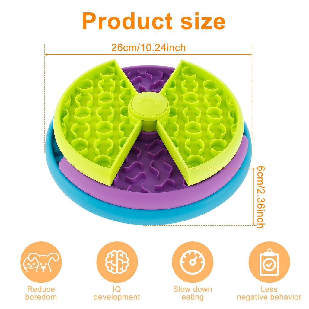 Green, purple and blue slow feeder puzzle bowl with central rotating hub and 26cm size