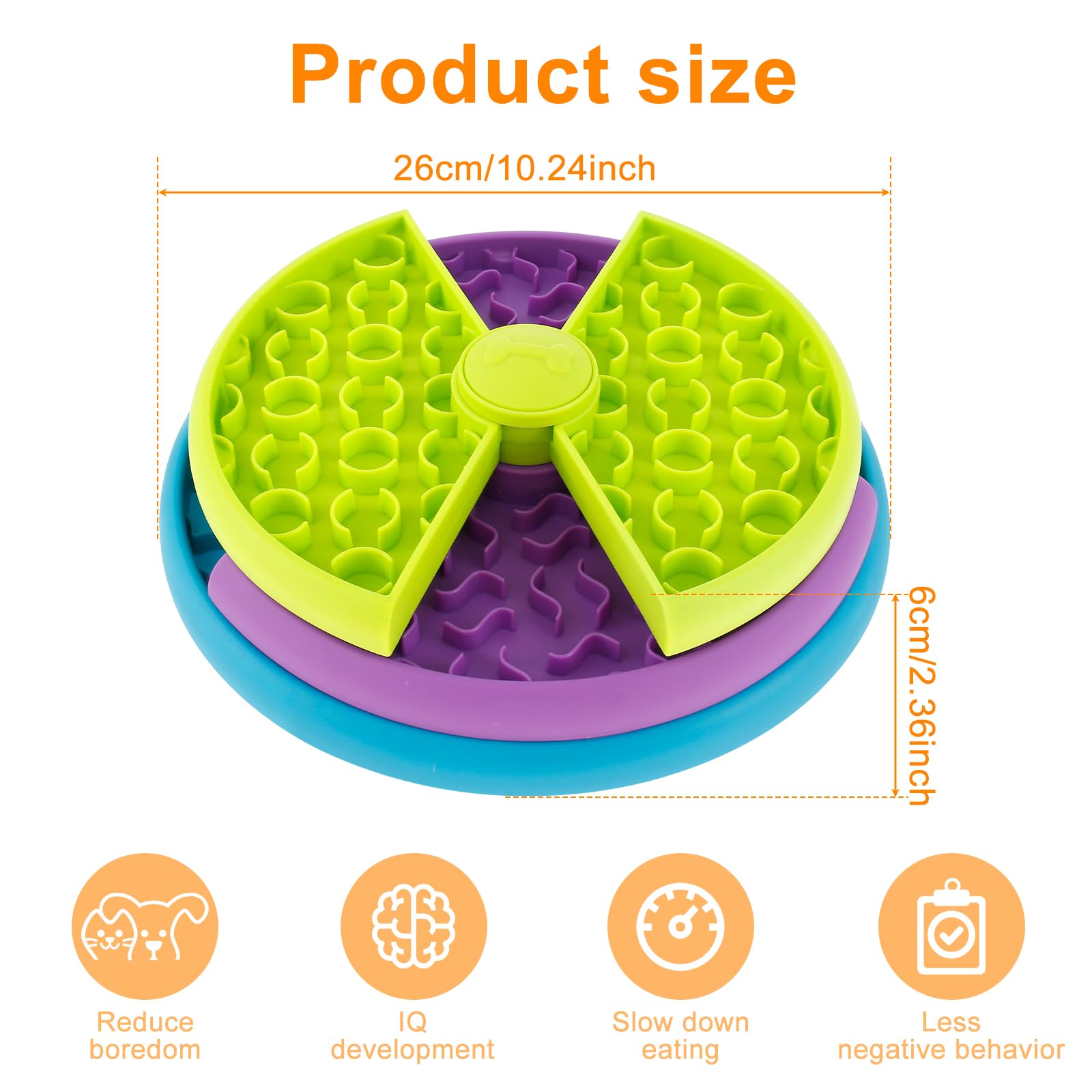 Green, purple and blue slow feeder puzzle bowl with central rotating hub and 26cm size