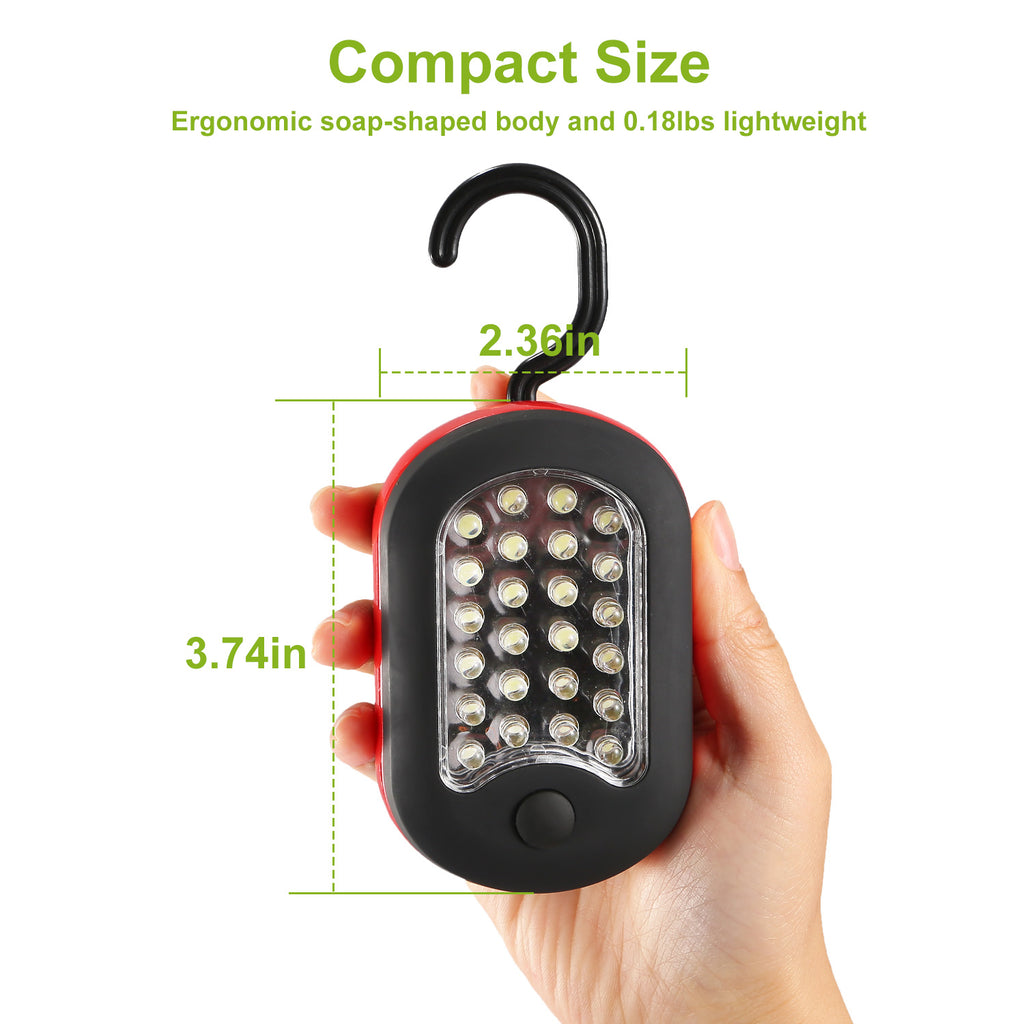 Compact red and black LED work light with hanging hook, handheld front LED panel