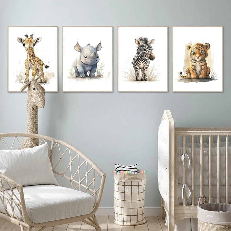 Framed animal wall art set with giraffe, rhino, zebra, and tiger