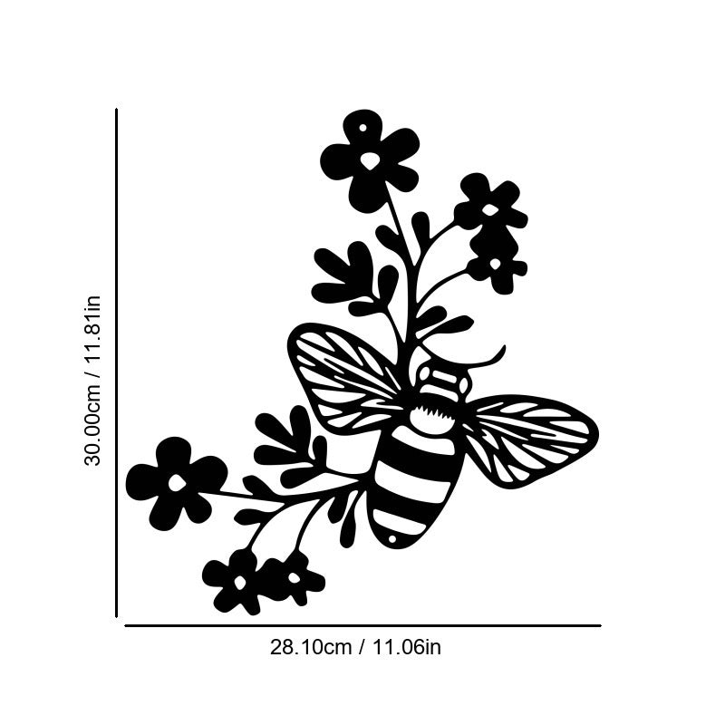 Abstract iron wall hanging with black bee and flower vine metal cutout