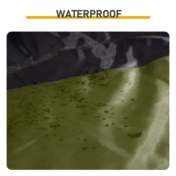 Waterproof fabric surface on heated sleeping bag, green tone with water droplets