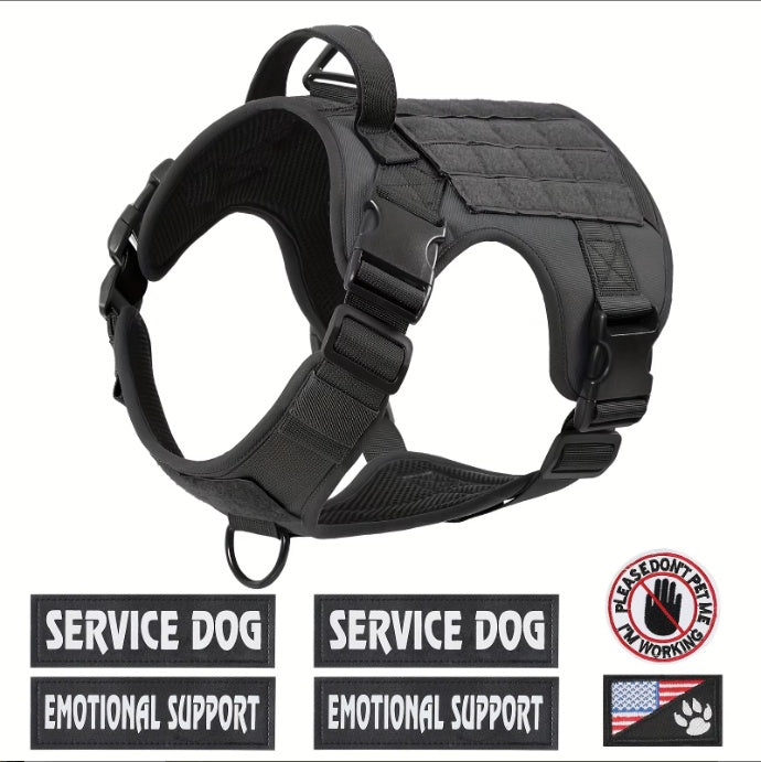 Black tactical dog harness vest with padded front handle and adjustable straps