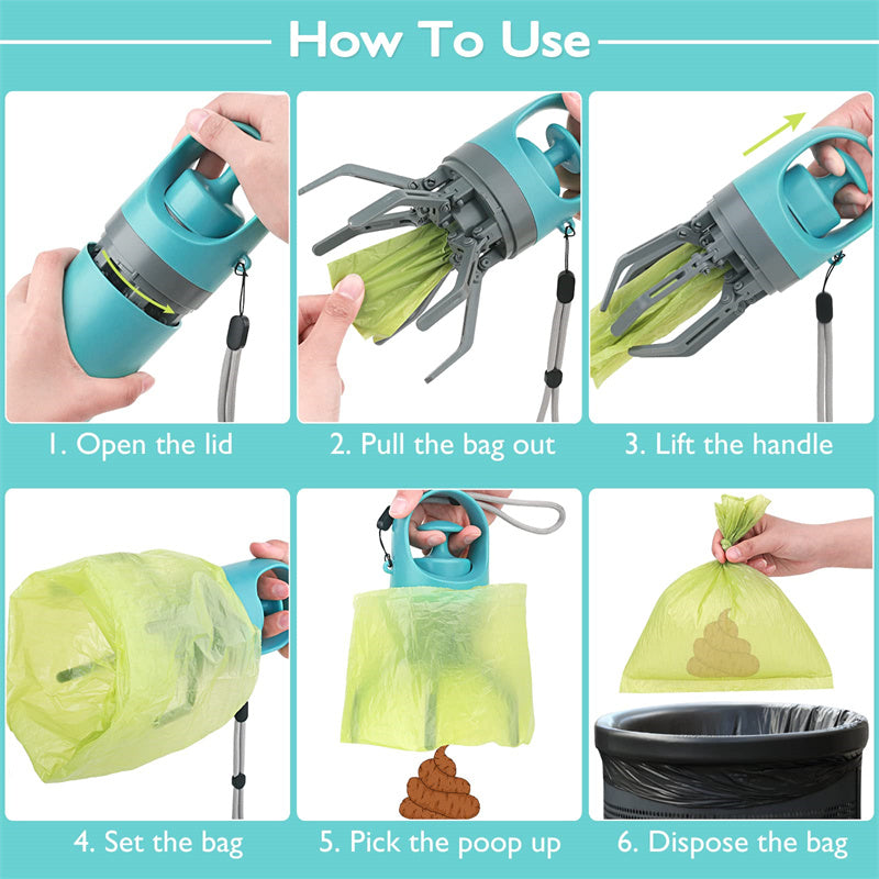 Dog poop scooper kit step guide showing bag dispensing and scoop handle use