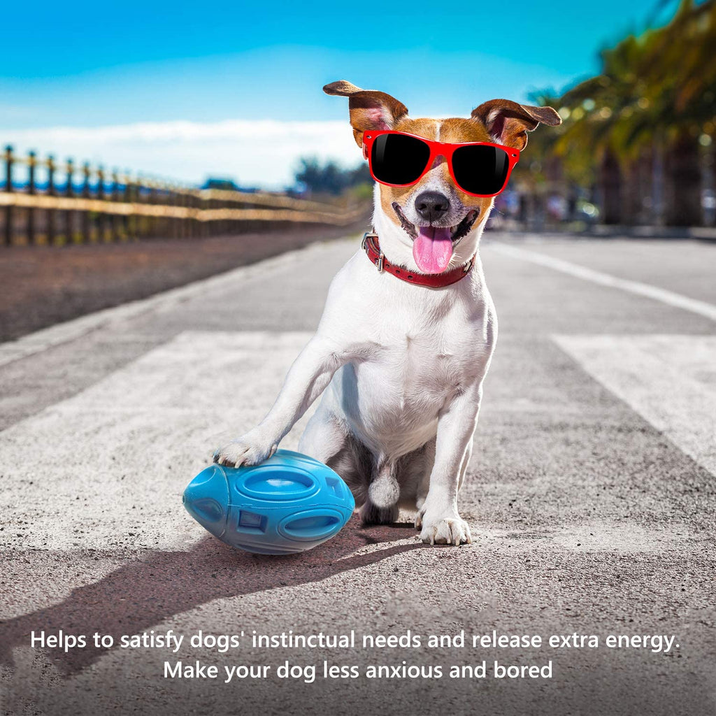 Blue squeaky rubber rugby dog toy ball lying on asphalt near a sitting dog