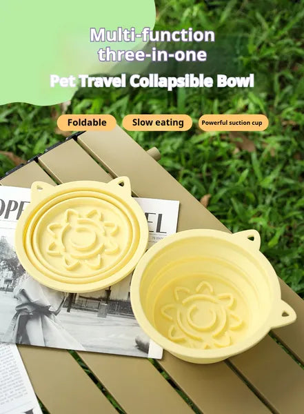 Yellow collapsible pet travel bowl with slow-feeder insert and suction base