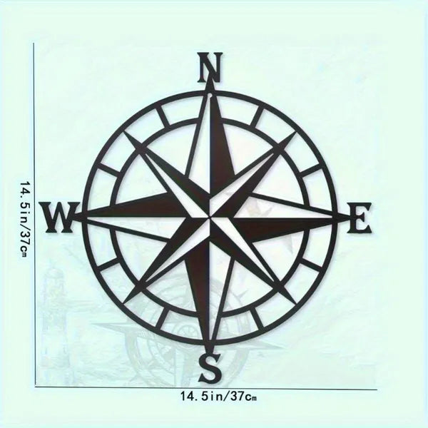 Compass rose metal wall art, black compass rose with N, E, S, W points and long star spokes
