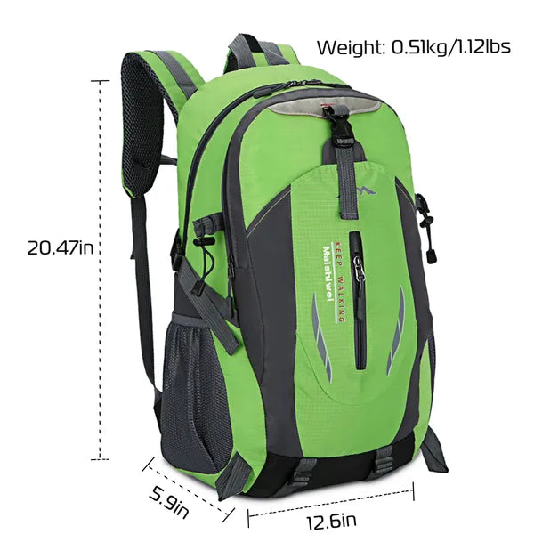 Green hiking daypack with padded shoulder straps and top handle, front zip pocket