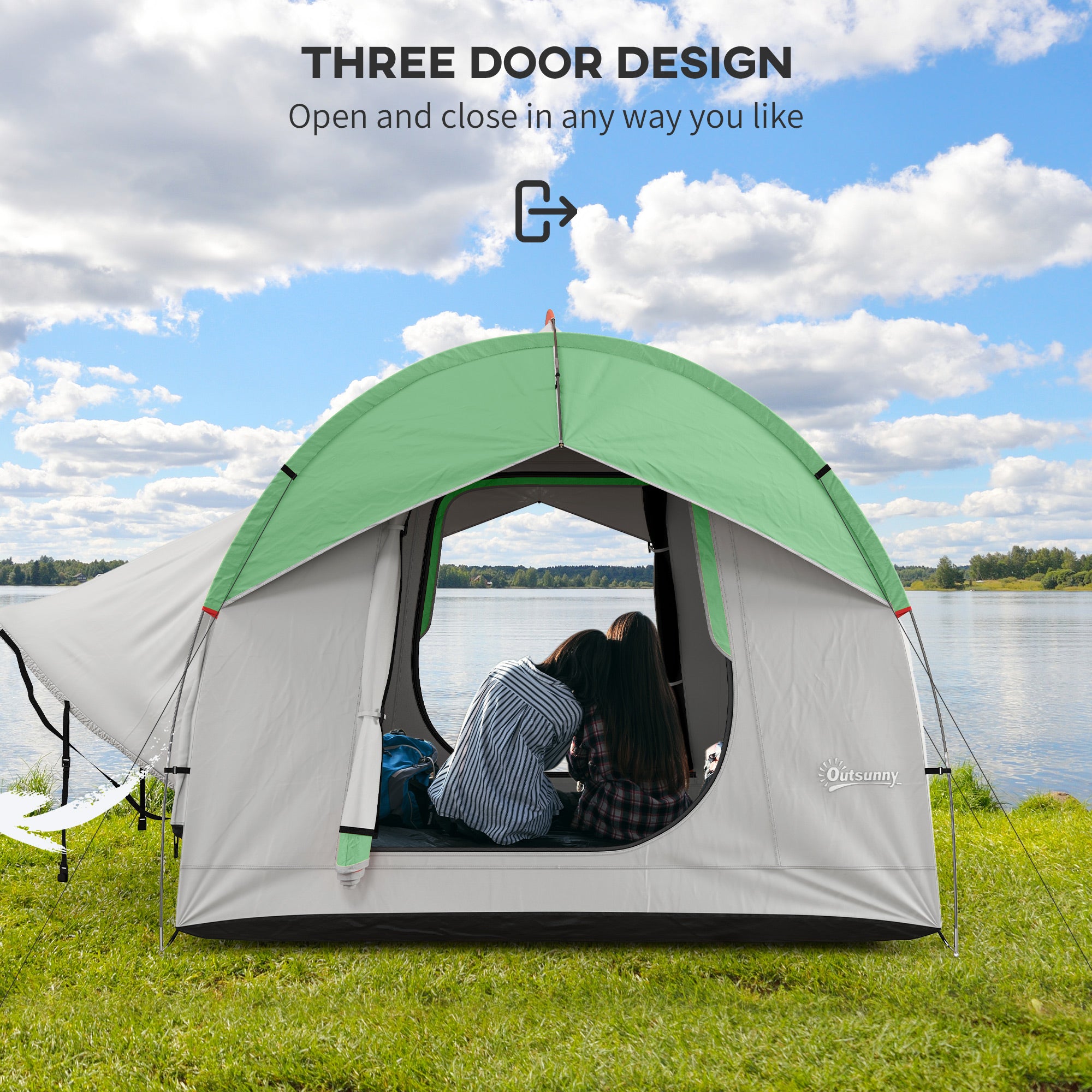 Green and gray car tent with three-panel doorway and open entrance