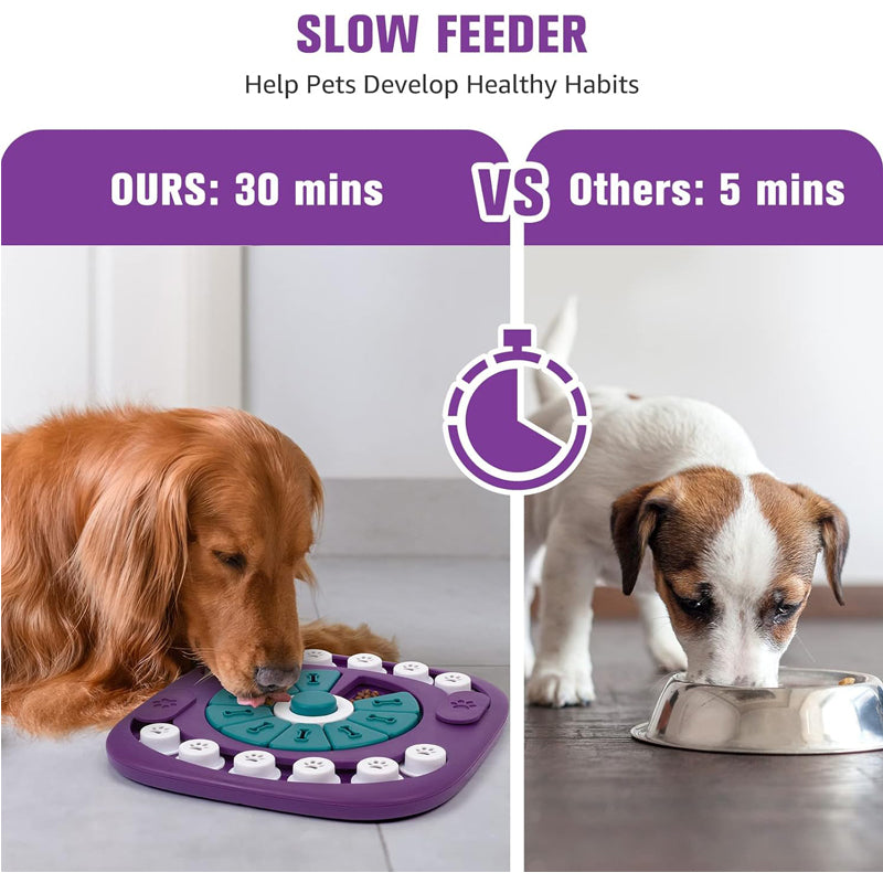 Purple slow-feeding treat puzzle for dogs with teal bone compartments and paw buttons