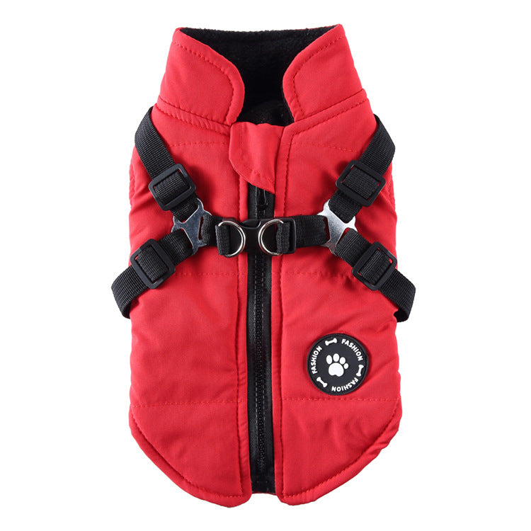Dog cotton-padded jacket with chest strap and hood, red with black zipper
