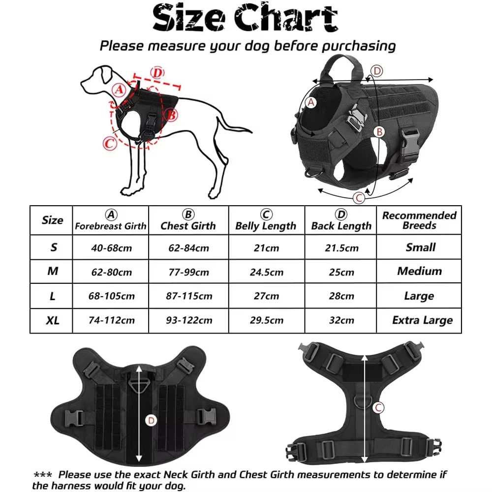 Tactical nylon dog harness size chart graphic with measurement guide for fit