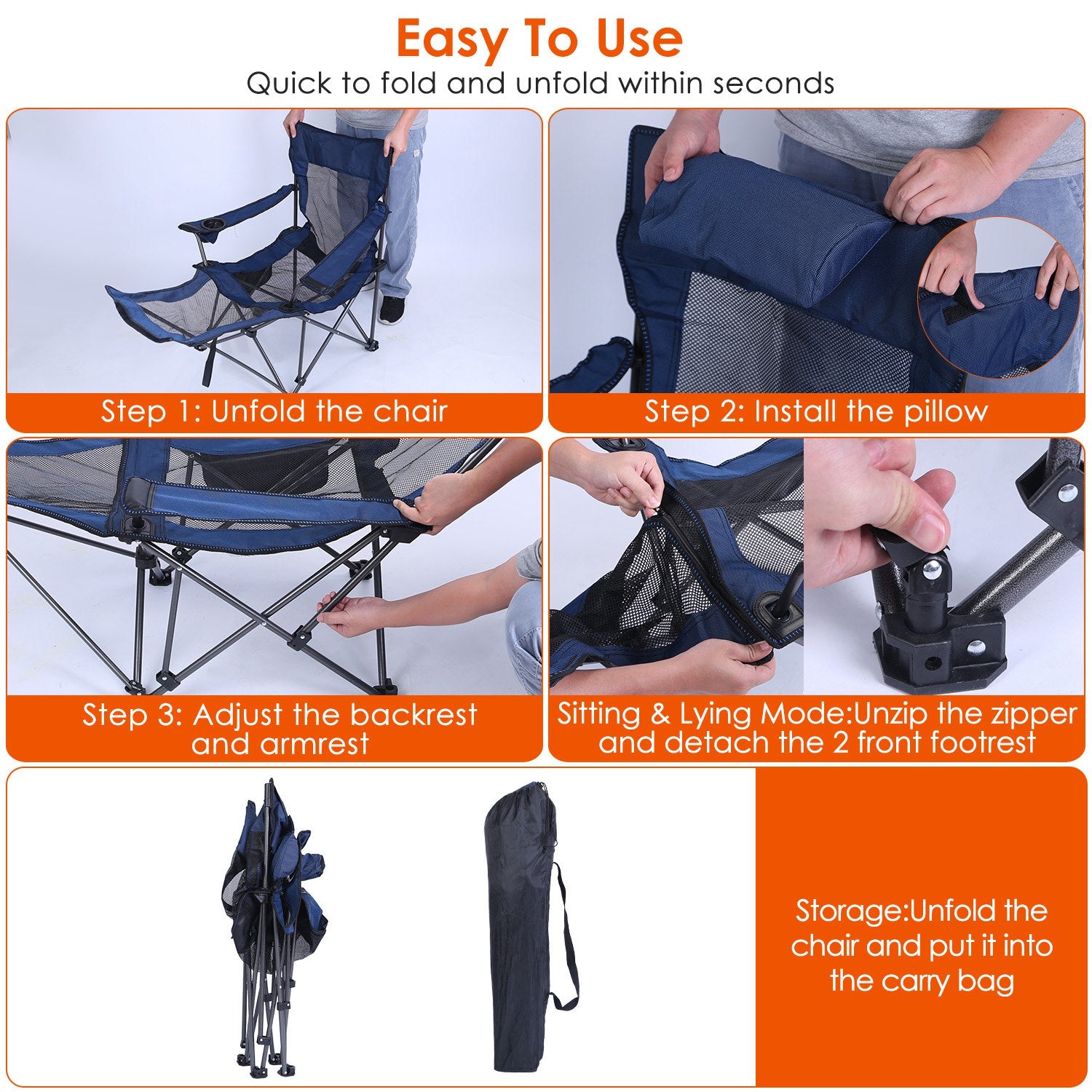 Folding recliner chair with removable sponge pillow, zipper adjustment, and fold-and-store mode