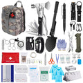 Camouflage first aid storage bag with red medical cross and assorted emergency tools